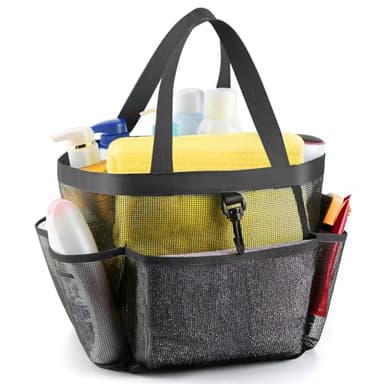 LOYEE Mesh Shower Caddy Portable for College Dorm Room Essentials with 8 Pockets, Shower Bag for Beach, Swimming, Gym, Travel, Bathroom(Black)