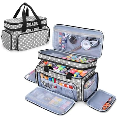 LUXJA Large 2 Layers Sewing Organizer Bag with 5 Detachable Dividers, Sewing Storage Bag for Sewing Supplies, Polka Dots
