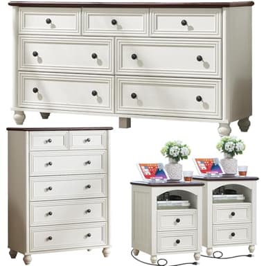 Farmhouse Dressers & Night Stand Set of 4, Wood 54" Wide Dresser & 43.5"Tall Chest of Drawers, 18" with Charging Station Nightstand Set of 2, Bedroom Furniture Dresser Set for Home Living Room Hallway
