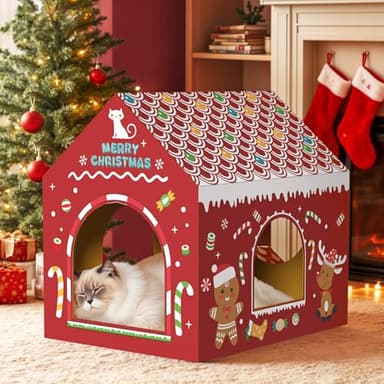 WESTERN HOME Cardboard Cat House W/Scratcher, Christmas Cat Houses for Indoor Cats (16.5''x12''x15''), Bunny&Kitten Hideaway Cats Scratching Playhouse for Christmas Decorations