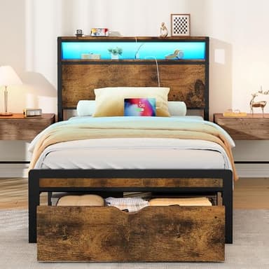 FAVOOSTY Twin XL Size Bed Frame with 2-Tier Headboard, Metal Platform Bed Frame with Storage Drawers, LED Lights and Charging Station, Noise Free, No Box Spring Needed, Easy Assembly, Black Brown