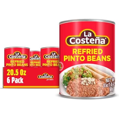 La Costeña Refried Pinto Beans - Ready-to-Eat Canned Refried Beans for Mexican Food, Mexican Rice, Nacho Bean Dip, Bean Burrito, Carne Asada, Fajita & Taco Seasoning - 20.5oz, 6 Pack Canned Food