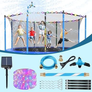 Lyromix Trampoline Accessories Kit, Trampoline Sprinkler, 50FT Solar Lights and Stakes, Non-Damaging to Net, Features 8 Light Modes, Compatible with 8 10 12 14 15 16FT Trampolin