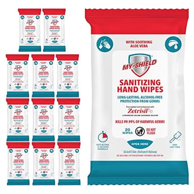My-Shield Sanitizing Hand Wipes - Travel Pack - 20 Count (12-pack) Alcohol-Free, Long-lasting Protection. Kills 99.9% of Germs. Moisturizes With Aloe Vera. Formulated with Zetrisil.