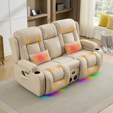 TUNYI Wall Hugger Power Loveseat Recliner - RV Reclining Loveseat with Console Theater Seating RV Recliner Sofa with USB/Outlet//Cup Holder/LED Light/Side Pocket (Beige, Loveseat)