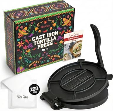 Uno Casa Cast Iron Tortilla Press 10 Inch - Tortilla Maker Press, Pre-Seasoned Roti Maker with 100 Pcs Parchment Paper - Heavy Duty Quesadilla Maker for Homemade Flatbreads, Rotis, Empanadas