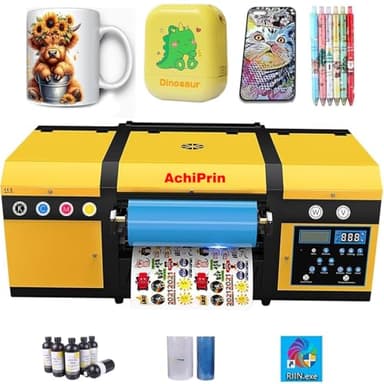 AchiPrin A3 UV DTF Printer with 100M AB Film and UV DTF Ink, Dual XP600 Print Heads,2 in 1 UV DTF for Leather,Glass,Metal,Wood,Phone Cases,and More (UVDTF Printer Kit)