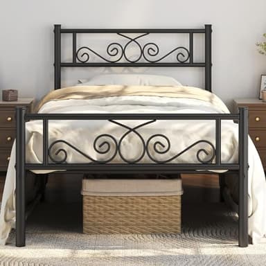 Yaheetech Twin Bed Frames Metal Platform Bed with Headboard and Footboard No Box Spring Needed Easy Assembly,Under-Bed Space: 12.6''/Black/Twin Bed