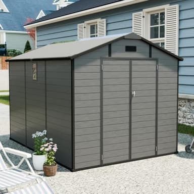 Dark Gray 8x10 FT Heavy-Duty Outdoor Plastic Storage Shed with Lockable Double Doors, Windows & Floor - All-Weather Resin Tool Shed, Garden Workshop