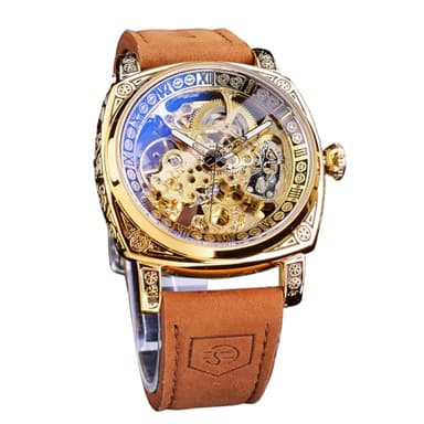 FORSINING Watches for Man, Square Retro Mechanical Watch Self-Wind Carved, Skeleton Automatic Watches Vintage Leather Strap Wristwatch