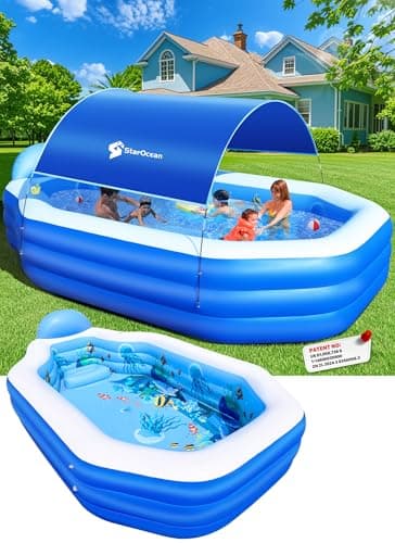 Inflatable Pool with Canopy, Large Inflatable Swimming Pool for Kids,Adult, Blow Up Pools with Seats,Backrest.Durable Thickened Inflatable Family Pools for Backyard,118"x75"x22"-Dark Blue