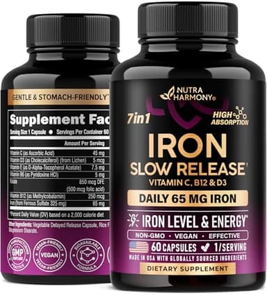 Iron Supplement for Women - Iron 65mg (Ferrous Sulfate 325mg) - Stomach Friendly | Slow Release Iron | High Absorption - Vitamins C, D3, B6, B12 & Folate - Iron Level & Energy Support - 60 Capsules