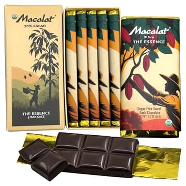 Macalat The Essence Bar, Sugar-Free Sweet Dark Chocolate, 70% Peruvian Organic Cacao, Sweet and Bitter-Free Allulose and Monkfruit Chocolate Bar, Keto and Low-Carb Friendly, 1.5 oz (5 Bar Case)