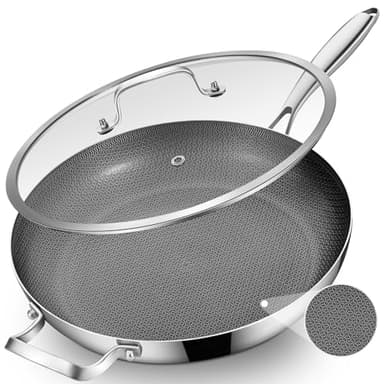 Inqibee 14.5-Inch Hybrid Ceramic Nonstick Tri-Ply Stainless Steel Frying Pan with Lid, Large Skillet,Induction Chef's Cooking Pan,Dishwasher and Oven Safe