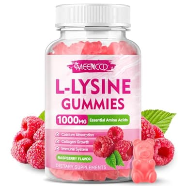 MEENCCD L-Lysine 1000mg Gummies, Lysine Supplement for Adults & Kids, Essential Amino Acid Supplement Supports Collagen Formation, Sugar-Free, Raspberry Flavor, 60 Count
