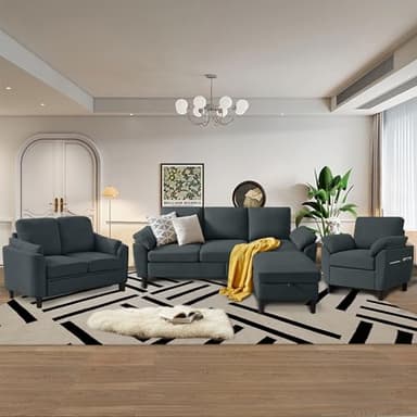 Chireca 4 Piece Convertible Sectional Sofa Set, Modern Linen Small L Shaped Couch with Reversible Chaise, 3-Seater Sofa & Loveseat & Armchair for Living Room, Office, Apartment, Dark Grey