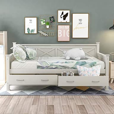 Twin Size Farmhouse Wood Daybed with 2 Storage Drawers, X-Shaped Sturdy Modern and Rustic Casual Style Corner Bed Frame with Drawers for Bedroom, No Box Spring Required, Twin size(Cream White)