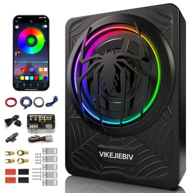 1200W RGB Subwoofer, Slim Underseat Car Subwoofer and Amp Package with RGB Beat-Synced Light, Individual Control for Low Pass/Gain/Boost Bass, Deep Bass Perfect for Truck/SUV/Jeep/MPV