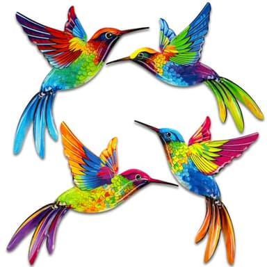 ULENDIS 4 Pack Metal Hummingbird Wall Art Decor, 3D Colorful Birds Outdoor Wall Art Patio Fence Decorations, Wall Hanging Decor for Garden Living Room Balcony(B)