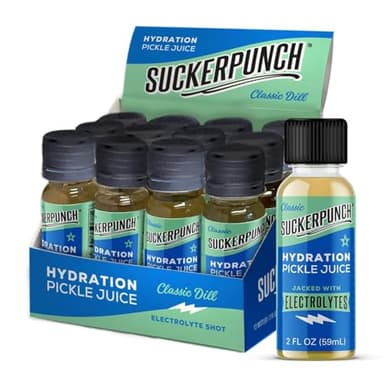 Suckerpunch Electrolyte Pickle Juice Shot, Leg and Muscle Cramp Relief, Sports Drink, Low Calorie, Gluten Free, Post Workout, Hydration, Potassium, Keto Friendly, Non GMO, Spicy Dill, 2oz, 12ct