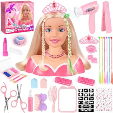 KUBUSFLY 44Pcs Hair Styling Doll Head Toys for Girls, Kids Makeup Hair Salon Pretend Play Styling Kit with Hairdryer, Straightener, Beauty Hair Toy Christmas Birthday Gift for Toddler Girls 3 4 5 6+