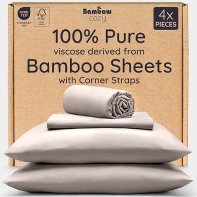 Bambaw 100% Viscose Derived from Bamboo Sheets King Size Set – 4pcs Luxury Bed Sheet Set, Best Cooling Sheets for Hot Sleepers, Soft & Breathable, Fits Up to 16'' Deep Pocket (Sand)