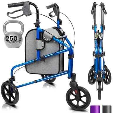 Vive Mobility 3 Wheel Walker - Three Wheeled Rollator for Seniors - Lightweight, Foldable, Narrow, Heavy Duty - for Elderly Men Women - Folding 3-Wheel Tri Scooter with Basket Bag