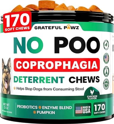 Grateful Pawz No Poo Chews for Dogs - 170 Chews - Coprophagia Stool Eating Deterrent for Dogs Supplement - Prevent from Eating Poop - Probiotics & Digestive Enzymes - Advanced Strength - Made in USA