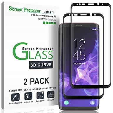 amFilm (2 Pack) Glass Screen Protector for Samsung Galaxy S9, 3D Curved Tempered Glass, Dot Matrix with Easy Installation Tray, Case Friendly (Black)