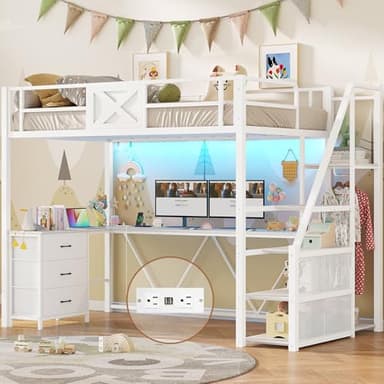 Itaar Stairway Twin Size Loft Bed with L Shaped Desk and Wardrobe, Metal Loft Bed Frame with Stairs, 3 Fabric Drawers, LED Lights & Charging Sation, No Noise & No Box Spring Needed, White