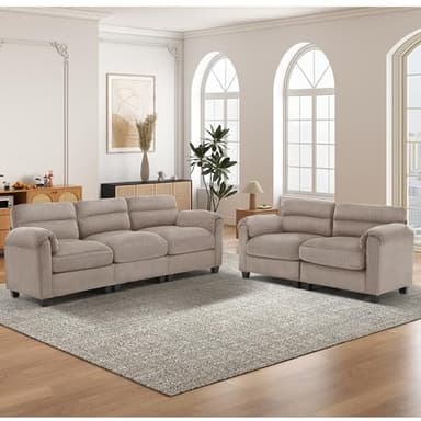 HAOMARKETS Corduroy Sofa Set,Upholstered Loveseat, and 3-Seater Couch with Plush Cushions and Rolled Arms, Modern Living Room Furniture Sets,Brown