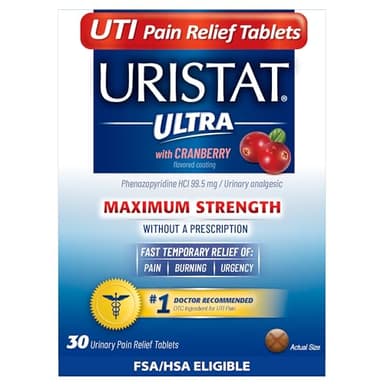 Uristat Ultra UTI Pain Relief Tablets, Fast Urinary Tract Infection Relief of Urinary Pain, Burning, Urgency, Maximum Strength, Cranberry Flavored Coating, 30 Tablets