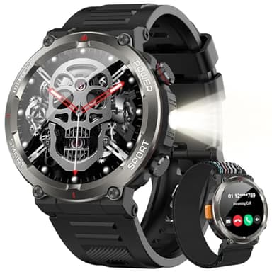 IOWODO Military Smart Watch for Men -100-Day Long Battery Life,Fitness Tracker with LED Flashlight/Compass,Heart Rate Monitor,120+ Sports Modes,IP68 Waterproof,Bluetooth Call Smartwatch for iOSAndroid