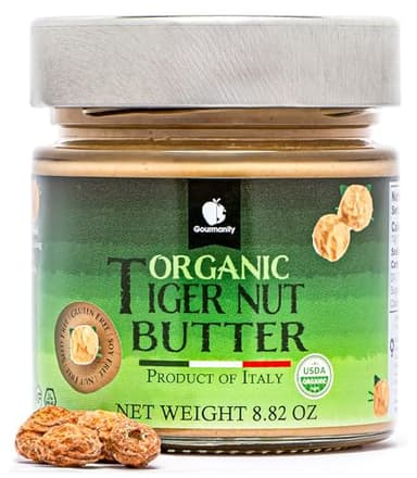 Gourmanity Organic Tigernut Butter, Sweet and Nutty Tasting Nut Free Peanut Butter Alternative, Compliant With Low Fodmap And Whole 30 Diets, Ideal For Dipping And Drizzling 8.8oz / 250g Jar