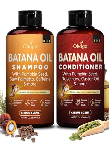 Batana Oil Shampoo & Conditioner Bundle (Okaga Shower Set) with Aloe Vera Leaf Juice, Saw Palmetto, Caffeine, Biotin, Jojoba, Pumpkin Seed, Castor, Rosemary & Hydrolyzed Rice Protein