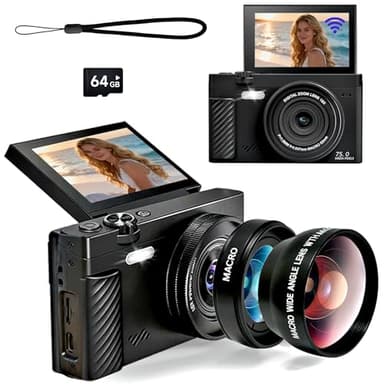 4K Digital Camera with Wide Angle Lens, 64MP WiFi Vlogging Camera with 180° Flip Screen, Point and Shoot Camera for Photography, Beginner YouTube Video Kit with 64GB SD Card