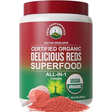 Peak Performance Organic Reds Superfood Powder, Best Tasting Organic Red Juice Super Food w/ 25+ All Natural Ingredients & Polyphenols, Vital for Max Energy and Detox. Raspberry, Elderberry, Beetroot