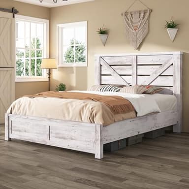 AMERLIFE Full Size Farmhouse Bed Frame with 49.2" Barn Door Headboard, Platform Bed Frame with Wood Slats, Under Bed Storage Space, Easy Assembly, Noisy Free, Distressed White
