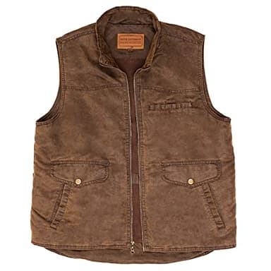 Driver Clothing Co. Men's Heavy Gauge Poly Canvas Utility Work Vest with Soft Flannel Lining and Wax Oil Weather Resistant Finish | 5 Outer Pockets and 3 Inner Pockets | Distressed Brown | X-Large