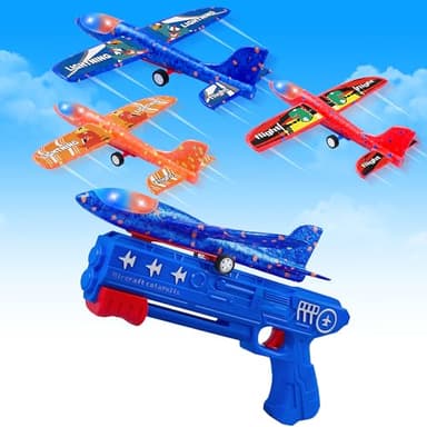 LJZJ 3 Pack Airplane Launcher Toys, 2 Flight Modes LED Foam Glider Catapult Plane, Outdoor Flying Toy for Kids, Birthday Gifts for Boy Girl 6+ Year Old, B-Day Party Supplies