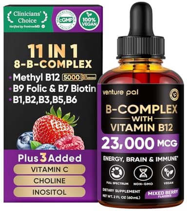 Venture Pal Vitamin B Complex Liquid Drops, B12 Methylcobalamin | B9 Folic | B1,B2,B3,B5,B6,B16 - Vitamin C, Choline, Inositol, Immune & Energy Metabolism, Brain & Heart Support