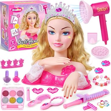 Cleboen Hair Styling Doll Head Makeup Kit for Girls Toys - Kids Hair Salon Pretend Playset with Hairdryer, Curling Iron, Headwears & Real Makeup, Birthday Gift for Girl 3 4 5 6 7 8+