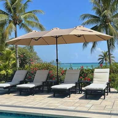 PHI VILLA 15ft Large Patio Umbrellas with Base Included, Outdoor Double-Sided Rectangle Big Market Umbrella with Stand, Outside Umbrellas for Poolside Lawn Backyard, Beige