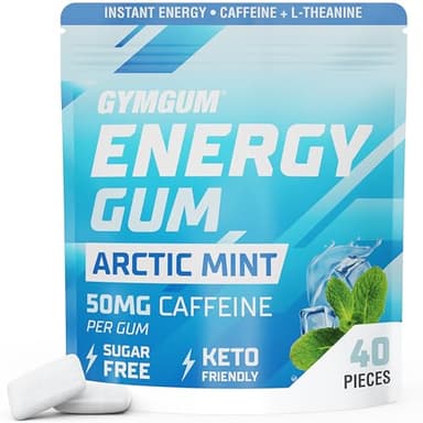 GYMGUM Energy Caffeine Gum | 50mg Caffeine | Sugar-Free, Keto-Friendly | Fast-Acting Energy & Focus Gum with Guarana & L-Theanine (40 Count, Arctic Mint)