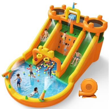 AirMyFun Inflatable Water Slide, 10 in 1 Multifunctional Water Park for Kids Backyard with Double Slides, Climbing Wall,2 Basketball Hoop,Dual Water Cannons, Inflatable Water Bounce House with Blower