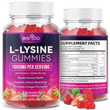 BVIVLOO L-Lysine 1000mg Gummies for Immune Support & Skin Health - High Potency Vegan Gummies, Sugar-Free, Natural Berry Flavor, Gluten-Free Chewable Supplement for Adults & Kids - 60 Gummiess