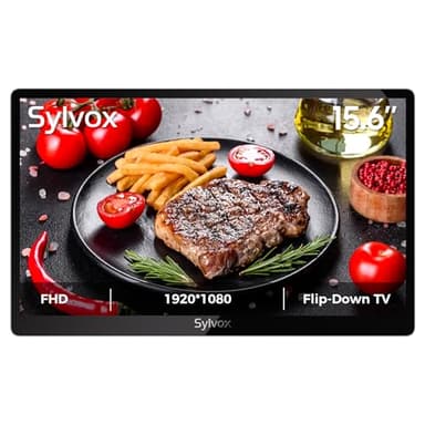 SYLVOX 15.6" Flip-Down TV for Under Cabinet, 12-Volt Small TV with 90-Degree Rotation, Digital Noise Reduction, and Storage Design for Kitchen, Bedroom, RV, and Yacht