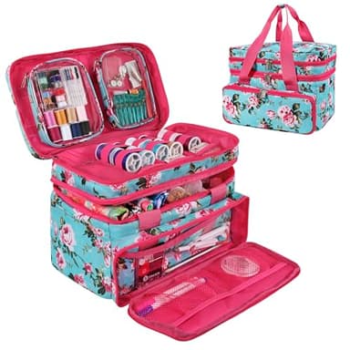 SINGER Sewing Accessories Organizer (Bag Only) – Double Layer Portable Sewing Storage Bag | 2 Detachable Pouches and 18 Compartments, Large Sewing Supplies & Crafting Carry-All (Turquoise Floral)