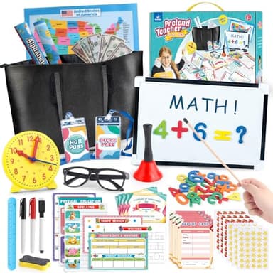 wookidel Pretend Play Teacher Set for Kids with Numbers, Bell, Whiteboard, Learning Clock Over 40 Pieces Included, Pretend Set Toys Gift for Kids Age 5 6 7 8