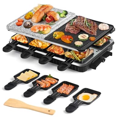 Voohek Raclette Grill Indoor Grills Electric Smokeless Korean BBQ Grill Table, 2 in 1 Nonstick Plate & Cooking Stone with Raclette Cheese Pans &Spatula, Griddle Adjustable Temperature 1300W Home Party
